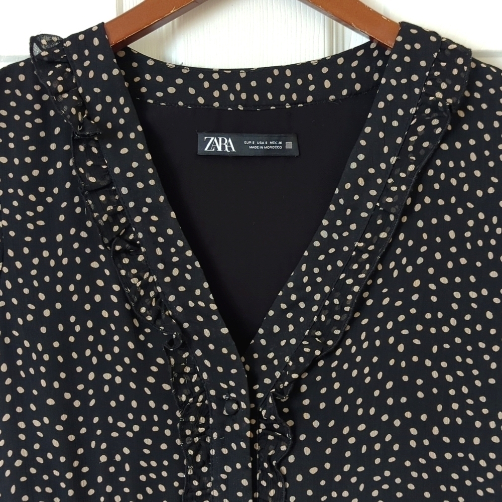 Zara Speckled Ruffled Trim V-neck Long Sleeve Button Down Mini Dress Black Small - Picture 3 of 12
